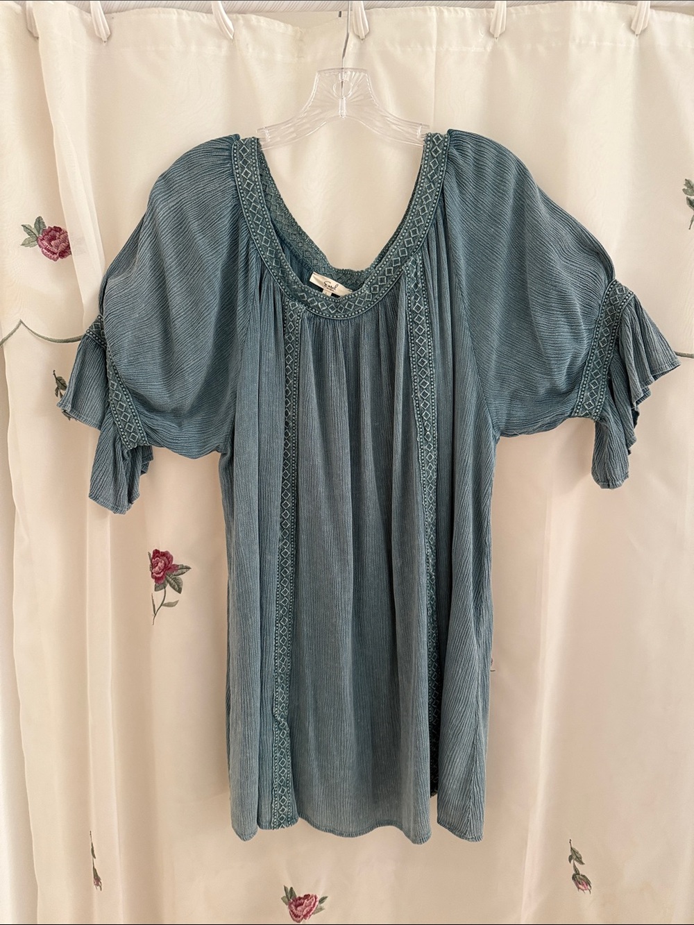 easel Teal Blue Embroidered Peasant Tunic